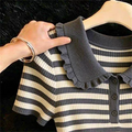 Striped Knit Blouse Quarter Button Short Sleeve Peter-Pan Collared Shirt Tops Women Summer Tops Sporty Wear Tennis Core