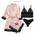 Women's 4-Piece Faux Silk Satin Pajama Set with Lace Trim Robe, Camisole, Shorts and Panties, Spring Loungewear, XS-XXL
