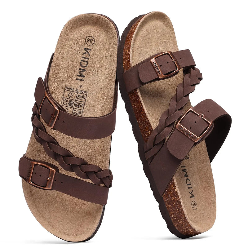 Crestar Women's Cork Footbed Sandals Summer Comfortable Slip-On Slide Sandals with Arch Support djustable Buckle Beach Slippers