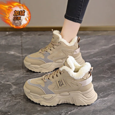 Chunky Sneakers 2026 Winter Korean Style Women's Casual Shoes Fleece Lined High Top Dad Shoes Warm Sneakers Casual Versatile