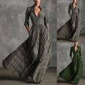 Women Plaid Shirt Dress V Neck Single Breasted Split Asymmetrical Hem Pocket Maxi Dress Ladies Elegant Casual Vintage Long Dress