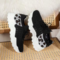 Women's Spring Autumn Knitted Thick Sole Sneakers Leopard Print Patchwork Breathable Flying Woven Lace‑Up Casual Walking Shoes