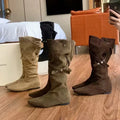 Women 2-in-1 Fold Over Slouchy Knee High Boots Hidden Wedge Rivet Buckle Faux Suede Pointed Toe Non Slip Vintage Winter Shoes