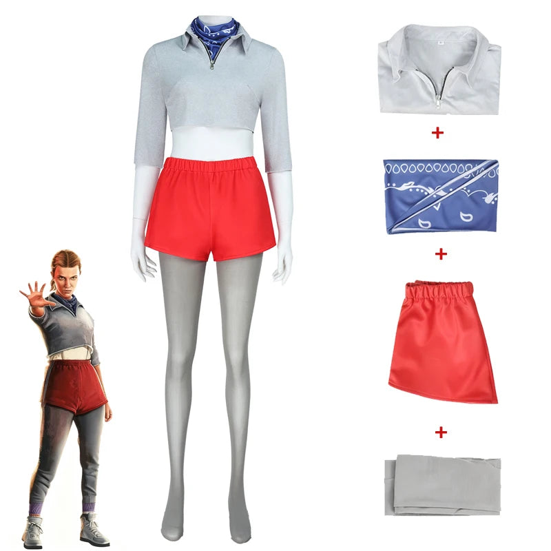 Season 5 Eleven Jane Hopper Full Cosplay Costume Set Disguise Outfit with Top Shorts Scarf for Female Halloween