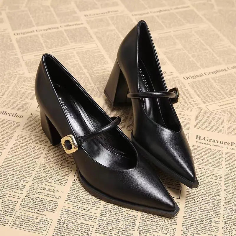 2026 New Spring Women Commuter Pumps Shoes Fashion Pointed Toe Slip On Shoes Elegant Thick Heel Work Leather Shoesv