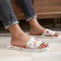 Women Floral Linen Slippers Flat Indoor Home Sandals Anti Slip Comfortable Casual Flax Slides Cute Rose Print House Shoes