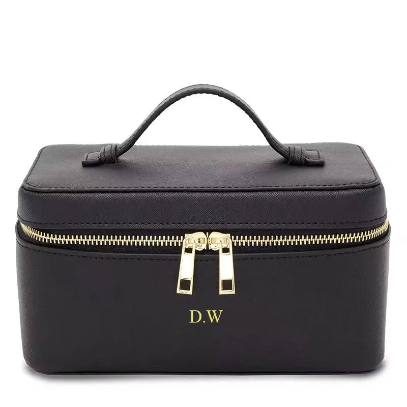 Makeup Bag Cosmetic Ladies Saffiano Split Leather Travel Toiletry Case Bag Portable Hanging Makeup Organizer Box Dopp Kit Cosmetic Bag For Women