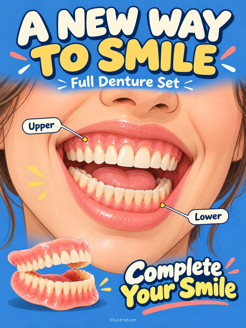 Full Mouth Dentures Set, Removable Upper and Lower False Teeth, Natural Looking Smile for Adults