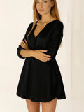 Women Casual V Neck Loose Mini Dress Elegant Button Down 3/4 Roll-Up Sleeve Khaki Solid Color Plain Shirt Dresses