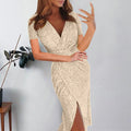 Women Sexy Sequins Wrap Dress Deep V Ruched Short Sleeve Formal Party Dresses Sparkly Evening Gown Wedding Guest Dress Vestidos