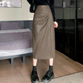 Women's Pleated Slit Midi Skirt 2026 High Waist PU Leather Bodycon Pencil Skirt Elegant Chic Sheath Skirt for Office Daily Wear