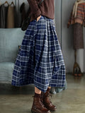 Women's Plaid Midi Skirt Elastic Waist Loose Pleated Long Flowy Mid Calf Skirt with Pockets 100% Polyester Vintage Casual