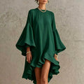 Vintage Oversized Bell Sleeve Dress Women O Neck Irregular Ruffle Hem Solid A-Line Short Dress Elegant Resort Prom Guest Dresses