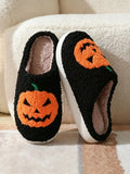 Autumn Winter Halloween Pumpkin Embroidery Fluffy Plush Slippers Warm Non Slip Unisex Closed Toe Indoor Bedroom Shoes