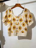 Embroidered Floral Crochet Top Puff Sleeve Square Neck Openknit Floral Crop Blouse Summer Women Teen-girl Fairycore Outfit