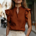 Women Stand Collar V Neck Ruffle Sleeveless Blouse Solid Color Office Shirt Tops