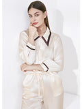 19MM 100% Mulberry Silk Pointed Collar Long-sleeved Trousers Two-piece Pajamas Set Button Down Cardigan Nightwear Pajama Outwear