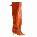 Women Pointed Toe Knee High Boots Double Buckle Strap Stiletto Heel Leather Slouch Thigh High Boots Fashion Party Boots
