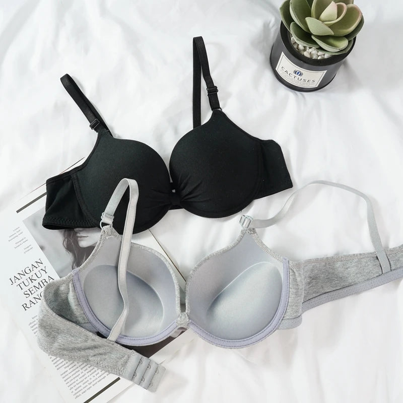 Sexy Women Cotton Gathered Bra Deep V Underwire Solid Color Bras Push Up Lingerie Backless Wireless Underwear Ladied Brassiere