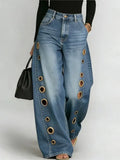 Women's High Waist Wide Leg Jeans Fashion Retro Metal Eyelet Side Hollow Denim Pants Casual Female Streetwear LooseLong Trousers