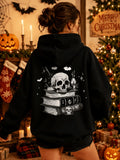 Women's Gothic Skull Book Pattern Print Black Hoodie Halloween Christmas Casual Pullovers Vintage Style Y2k Sweatshirts Female