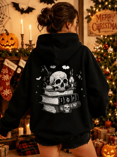 Women's Gothic Skull Book Pattern Print Black Hoodie Halloween Christmas Casual Pullovers Vintage Style Y2k Sweatshirts Female