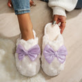 Korean Purple Silk Bowknot Home Cotton Shoes 2026 Winter Thicken Warm Long Plush Indoor Slippers Women's Light Anti Slip Slides