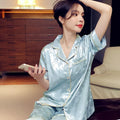 2 Pieces Faux Silk Satin Pajamas Set Summer Autumn Women Sleepwear Short Sleeve Nightwear Comfortable Skin-friendly Sleepsuits