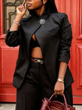 Women Blazers Yeezzi Women Black Stand Collar Asymmetrical Wrap Blazers Pin Button Long Sleeves Slim Fit Formal Office Party Outerwear Jacket