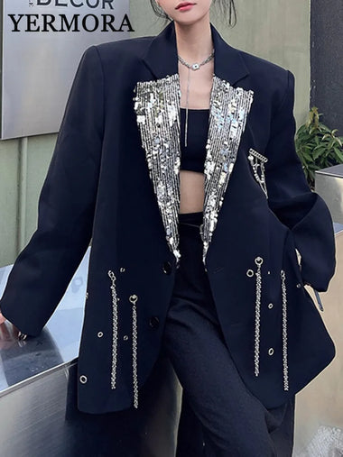 YERMORA Women Black Sequin Spliced Metal Chain Big Size Blazer New Lapel Long Sleeve Jacket Fashion Tide Spring Autumn2024