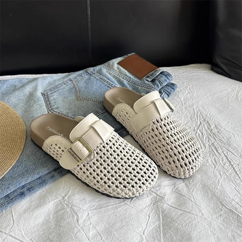 Mesh Platform High Heels Weave Women Slippers Hollow Sandals Mules Casual Shoes Woman 2025 Summer Fad Beach Loafers Slides Dress