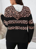 Fashion Leopard Print Stitching Hoodie V-neck Drawstring Long Sleeve Pullover Sweater Women's Casual All-match Top