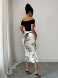 Ladies Spring Summer Shoulder Bared Black Top Spliced Water-Mark Print Split Sexy Elegant Dress Body-Con Silhouette