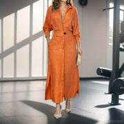 Women Solid Color Maxi Dress  Autumn Fashion Elegant Long Sleeve Leisure Time Casual Daily Wear V Neck Sexy Ladies Shirt Dresses