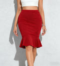 Women`s High Waist Dress Red Bodycon Midi Skirt Elegant Daily Wear Spring-Autumn Slim Fit Ruffle Flare Hem Mermaid Pencil Skirts
