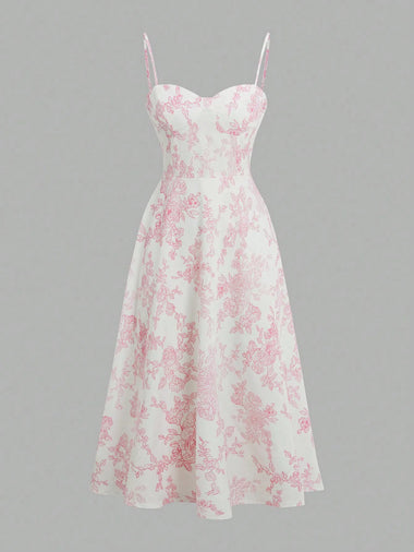 Elegant Pink Floral Print Dress with Thin Straps and a Flared Waist