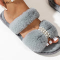 Comfy Fluffy Fur Slippers for Women Elegant Pearls Faux Pink White Furry Slides Winter 2026 Home Non Slip Warm Plush Shoes Woman
