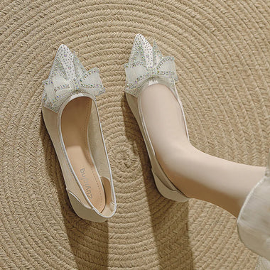 Spring Summer Lace Bowknot Ballet Flats Women Breathable Mesh Slip on Loafers Pointed Toe Rhinestone Bow Wedding Shoes Woman