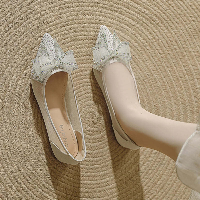 Spring Summer Lace Bowknot Ballet Flats Women Breathable Mesh Slip on Loafers Pointed Toe Rhinestone Bow Wedding Shoes Woman