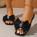 Black White Elegant Bow Flat Sandals Woman Fashion Crystal Soft Soles Square Toe Shoes Women's Summer Comfortable Beach Footwear