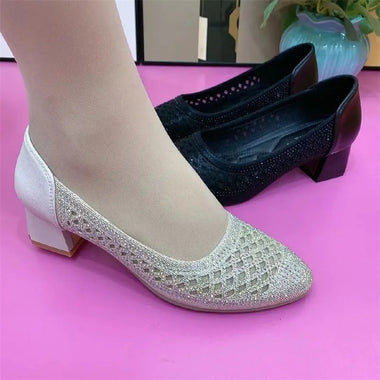 Zapatos women cute pointed toe black hollow out mesh breathable slip on square heel shoes lady casual comfort work shoes a426