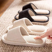 Women Slip-Resistant Linen Slippers Spring Summer Breathable House Shoes for Indoor Use, Non-Slip Stripe Design with Open Toe