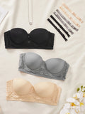 3PCS Women Strapless Lace Bra Detachable Shoulder Straps Underwire Push Up Sexy Non-Slip Bandeau Lingerie