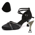 Women's Latin Dance Shoes Ballroom Salsa Waltz Tango Square Modern Dance Shoes Ladies Elegant Closed Toe Satin Rhinestone Shoes