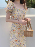 2026 Spring Summer New Sweet Gentle Printed Women's Dress Oil Painting Floral Puff Sleeve Korean Bellflower Chiffon Midi Dresses