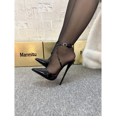 12CM Fine Heel Black Patent Leather Pointed Ultra Shallow Mouth Straight Buckle Strap High Heels Cross Strap Sandals Large Size