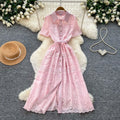 French Romantic Style Dress Women Lace Dress Lapel  Floral Embroidery Long Dresses