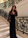Maxi Floral Dress Deep V Lace Long Sleeve Mermaid Maxi Dress Women Sheer Floral Lace Top Ruched Waist Formal Evening Elegant Photo Ready Gowns