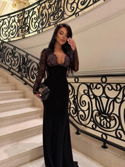 Maxi Floral Dress Deep V Lace Long Sleeve Mermaid Maxi Dress Women Sheer Floral Lace Top Ruched Waist Formal Evening Elegant Photo Ready Gowns