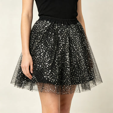 Ladies Silver Star Sequin Black Tulle Half Skirt Ballet Style Puffy Princess Short Skirt for Photo Shoots And Performances